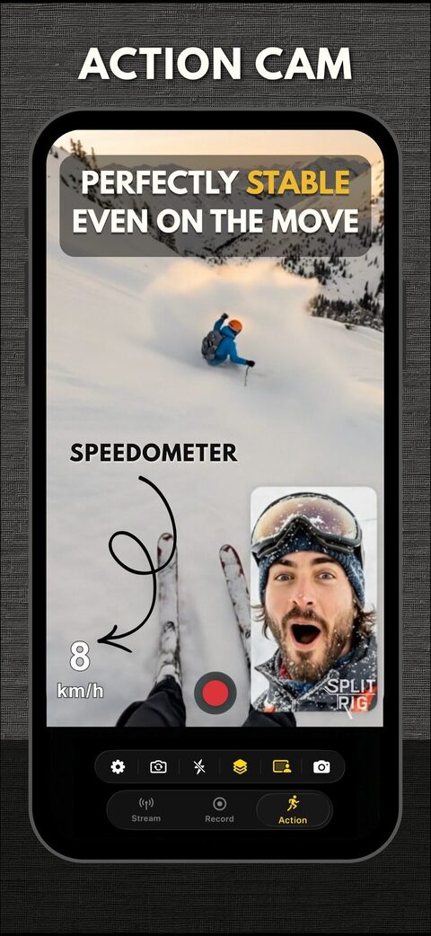 SplitRig dual-camera exercise use case — Cycling · Running · Hiking