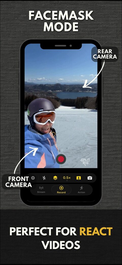 SplitRig dual-camera action sports use case — Ski · Snowboard · Wakeboard