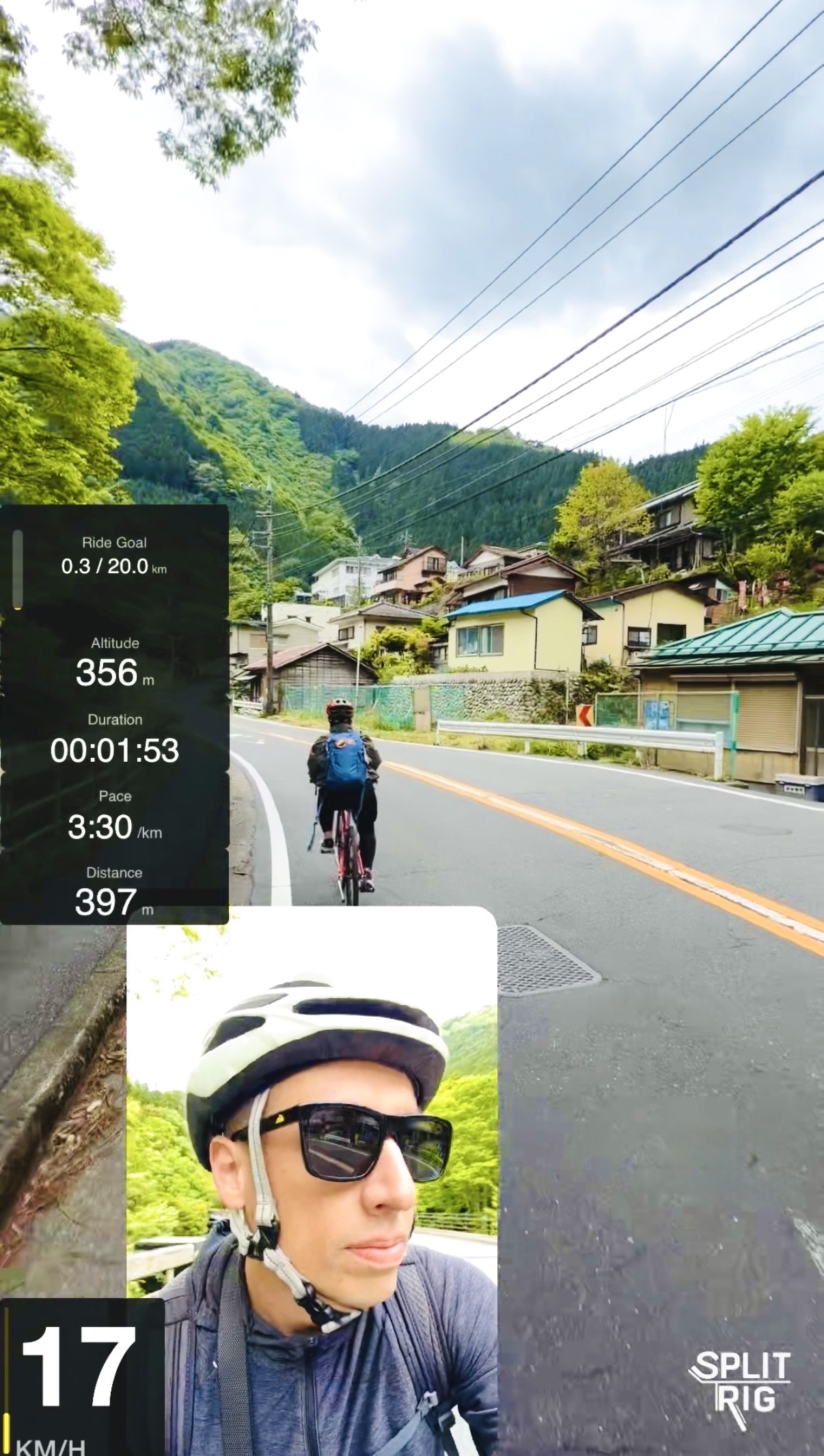 SplitRig recording with live overlays: speed, distance, altitude, pace, duration, ride goal, PiP