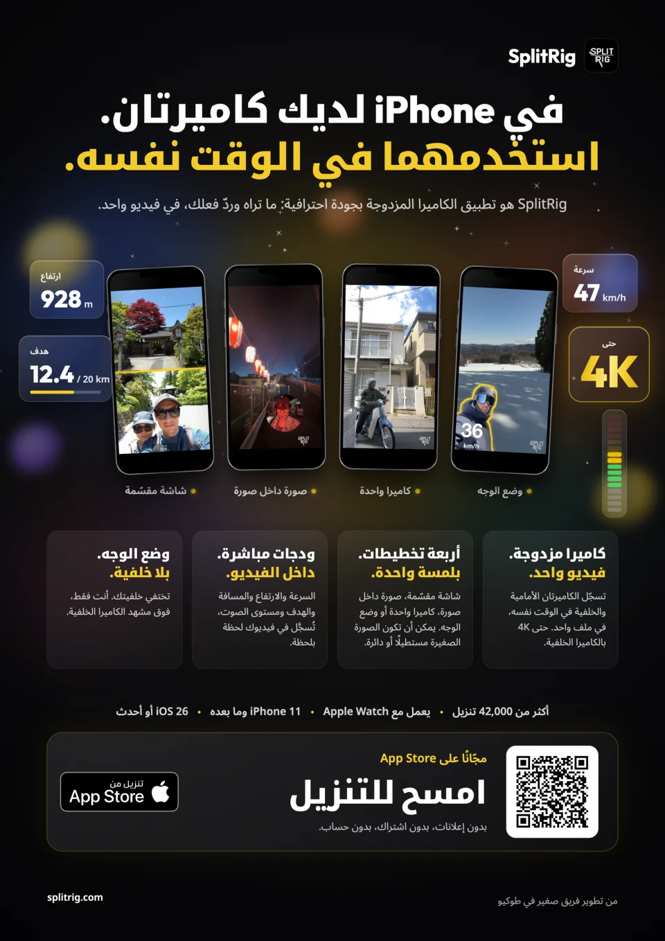 الفلاير العربي · A4 عمودي: رمز QR إلى App Store · الأوضاع الأربعة · ودجات مباشرة · نسخة داكنة وأخرى بيضاء