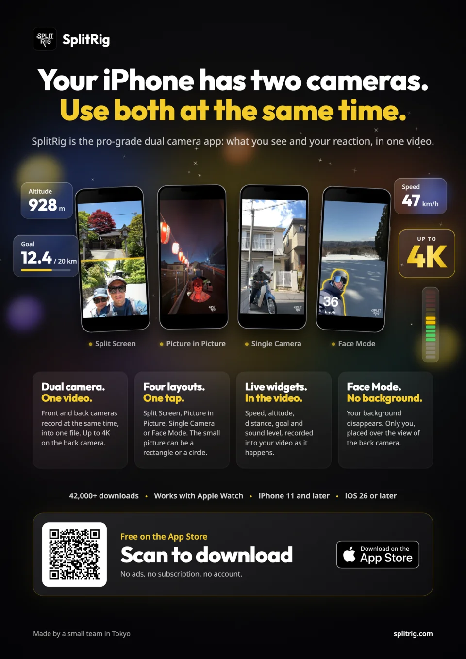 English flyer · A4 portrait: QR to the App Store · the four layouts · live widgets · dark and white versions