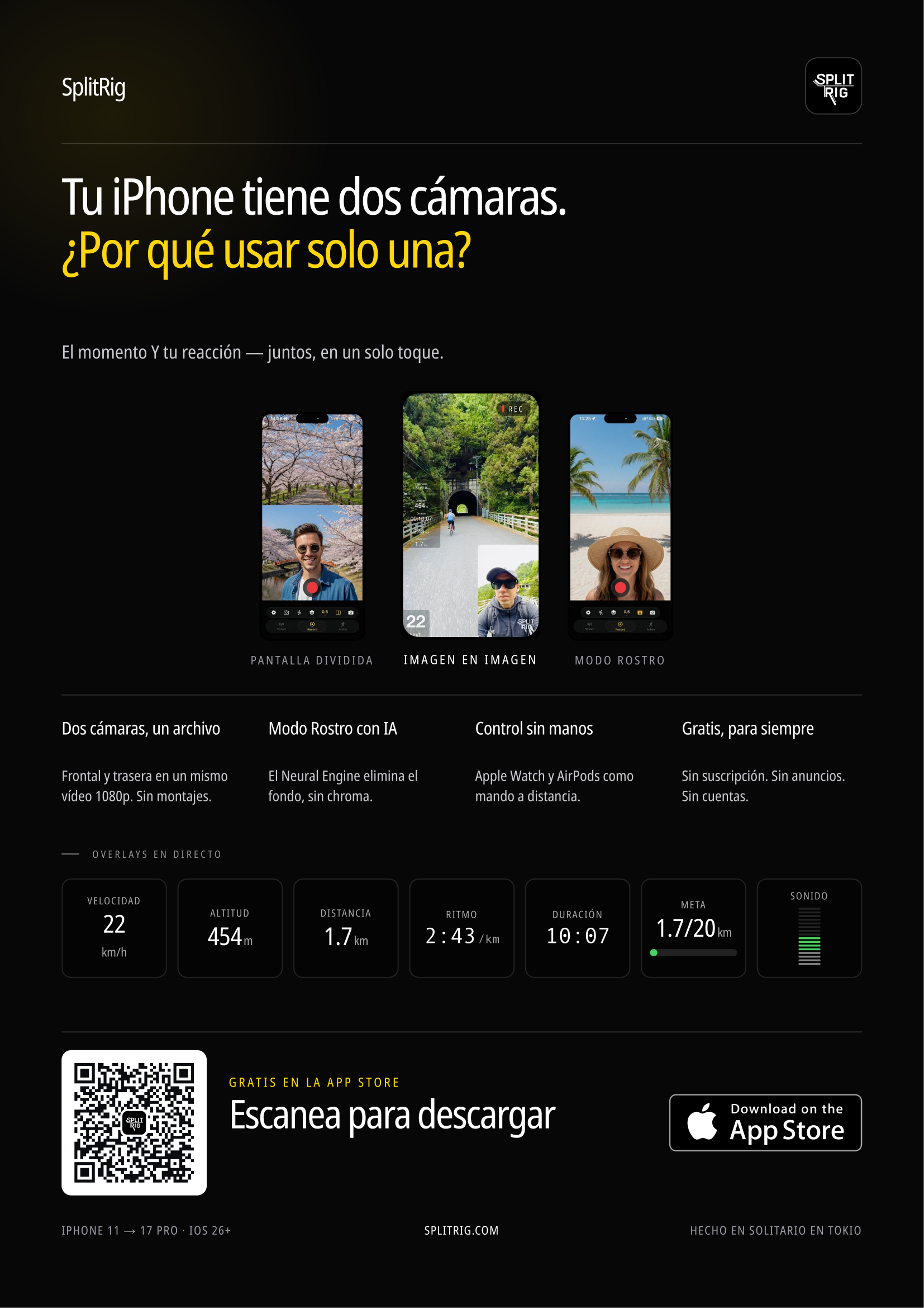 Flyer en español · A4 vertical — QR a la App Store · overlays en directo · capturas reales de la UI · atribución Creative Commons