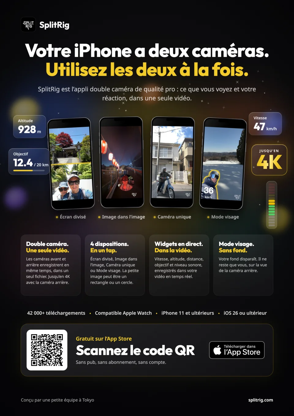 Flyer en français · A4 portrait: QR vers l'App Store · les quatre modes · widgets en direct · versions sombre et blanche