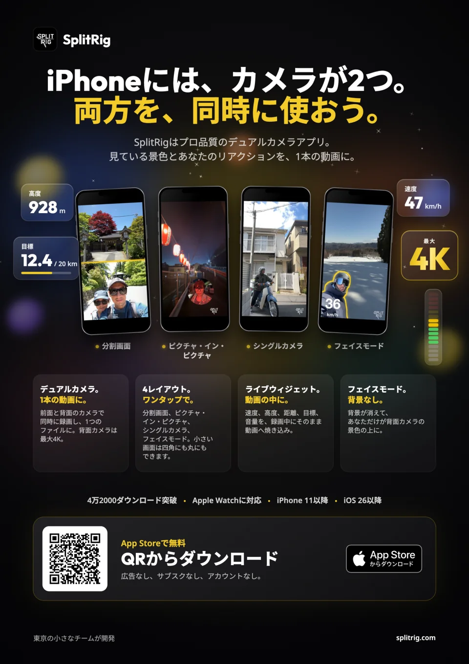 日本語版フライヤー · A4縦: App StoreへのQR · 4つのレイアウト · ライブウィジェット · ダーク版とホワイト版