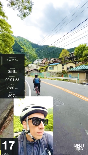 Picture-in-Picture with full widget stack at 17 km/h, mountain-village road ride.