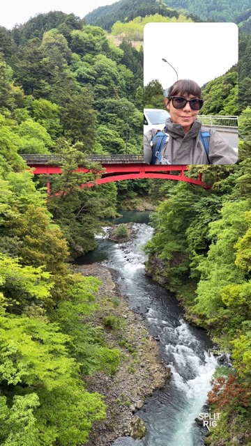 Picture-in-Picture, red bridge over a forest gorge with founder inset.