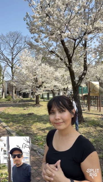 Picture-in-Picture under cherry blossoms, founder close-up in a spring park.