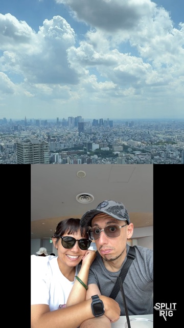 Split Screen, Tokyo skyline from an observation window above, couple at a cafe below.