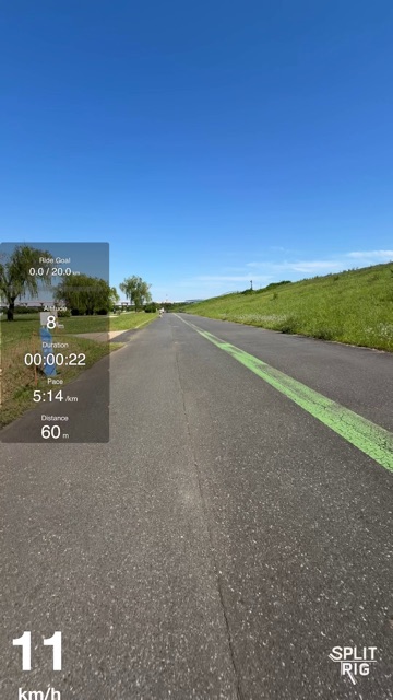 Single Camera with full fitness widget stack on a riverside cycling path.