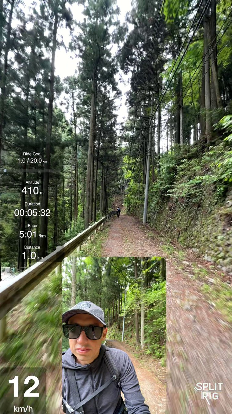 SplitRig recording with live overlays: on-screen speed, distance, duration, pace and other ride data baked into the video