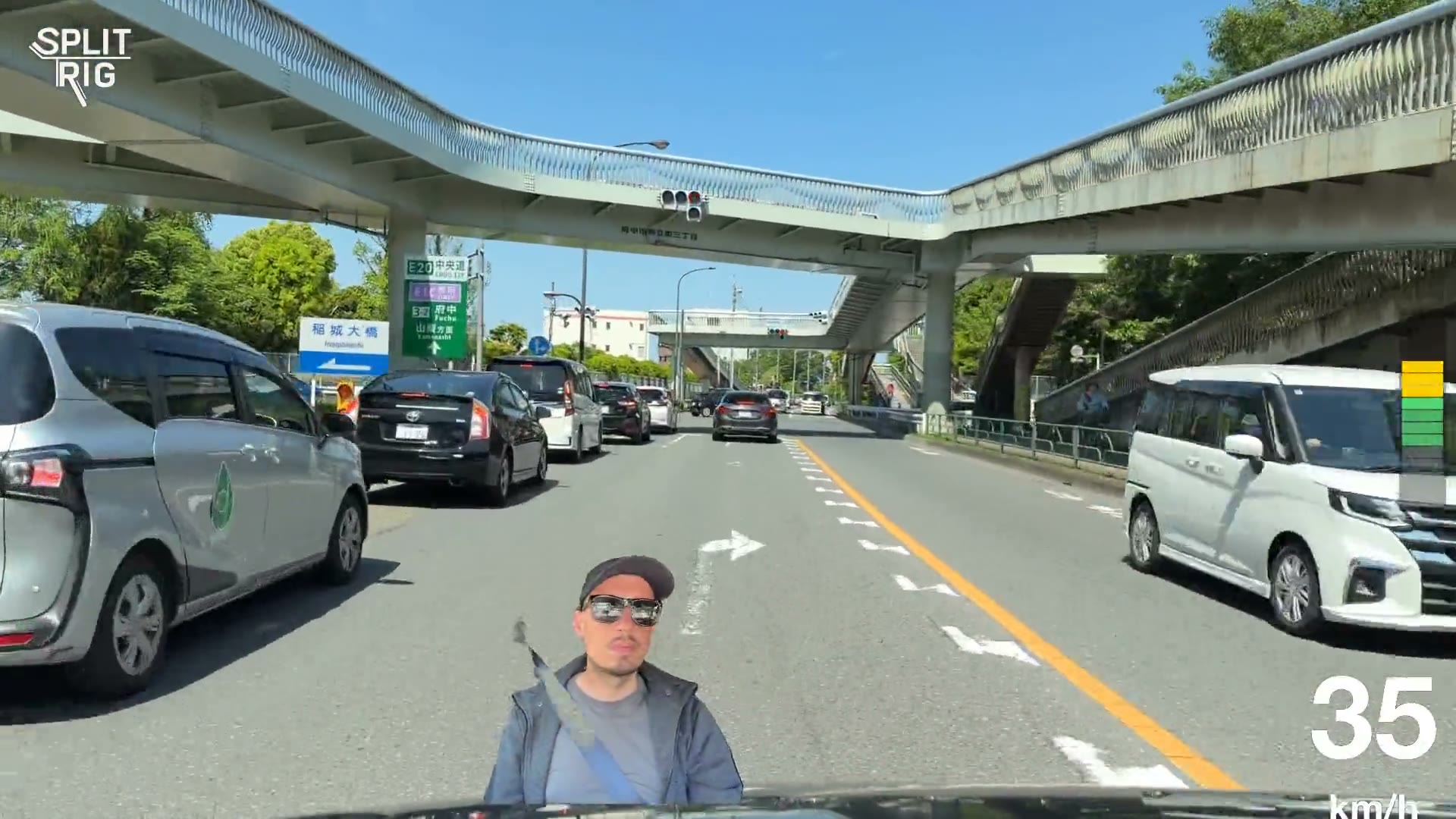 SplitRig Face Mode: face cutout overlaid on a landscape drive, live speedometer and VU meter visible